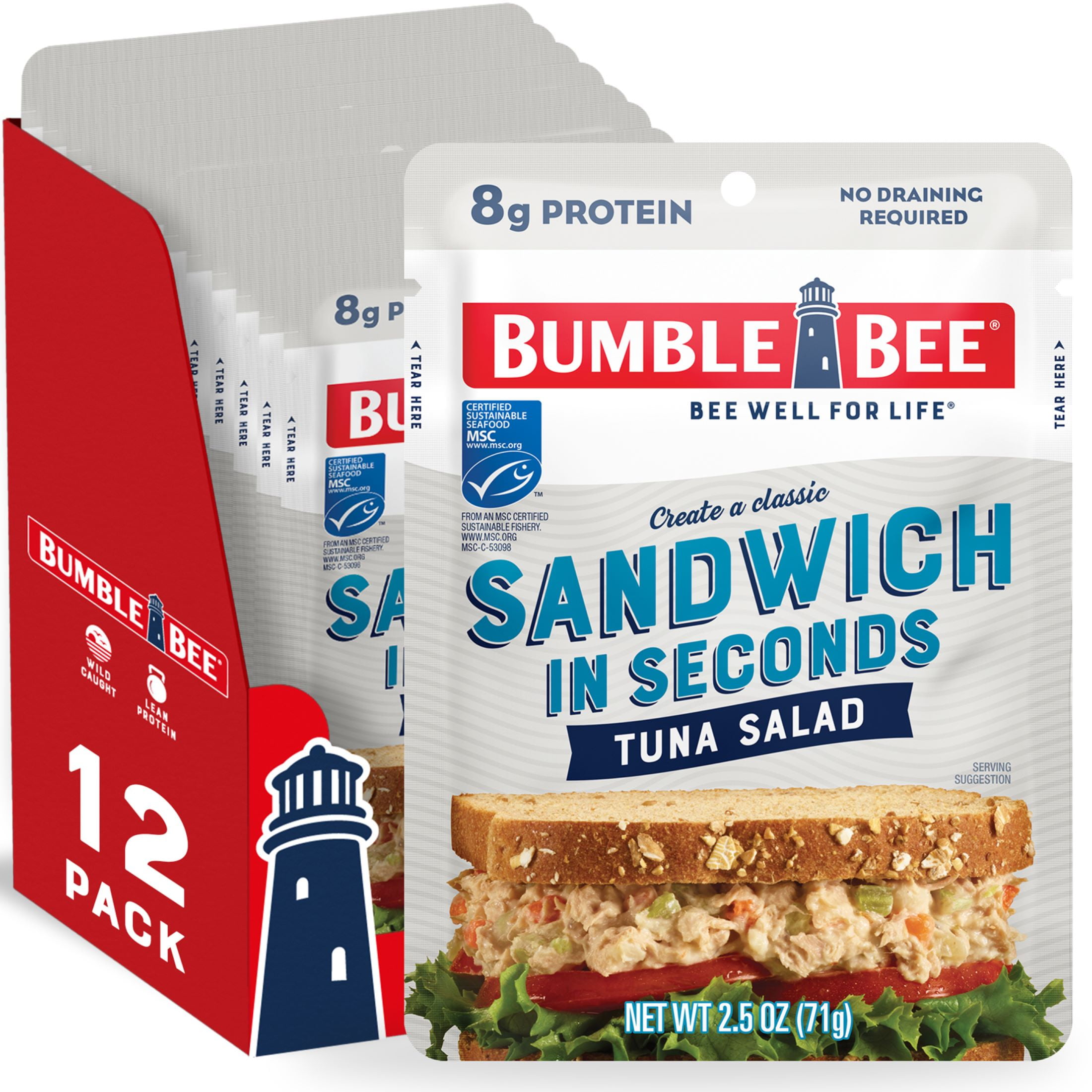 (12 pack) Bumble Bee Tuna Salad Sandwich in Seconds, Wild Caught, Gluten Free, 8g Protein per Serving, Ready to Eat, Shelf-Stable Pouch, 2.5 oz