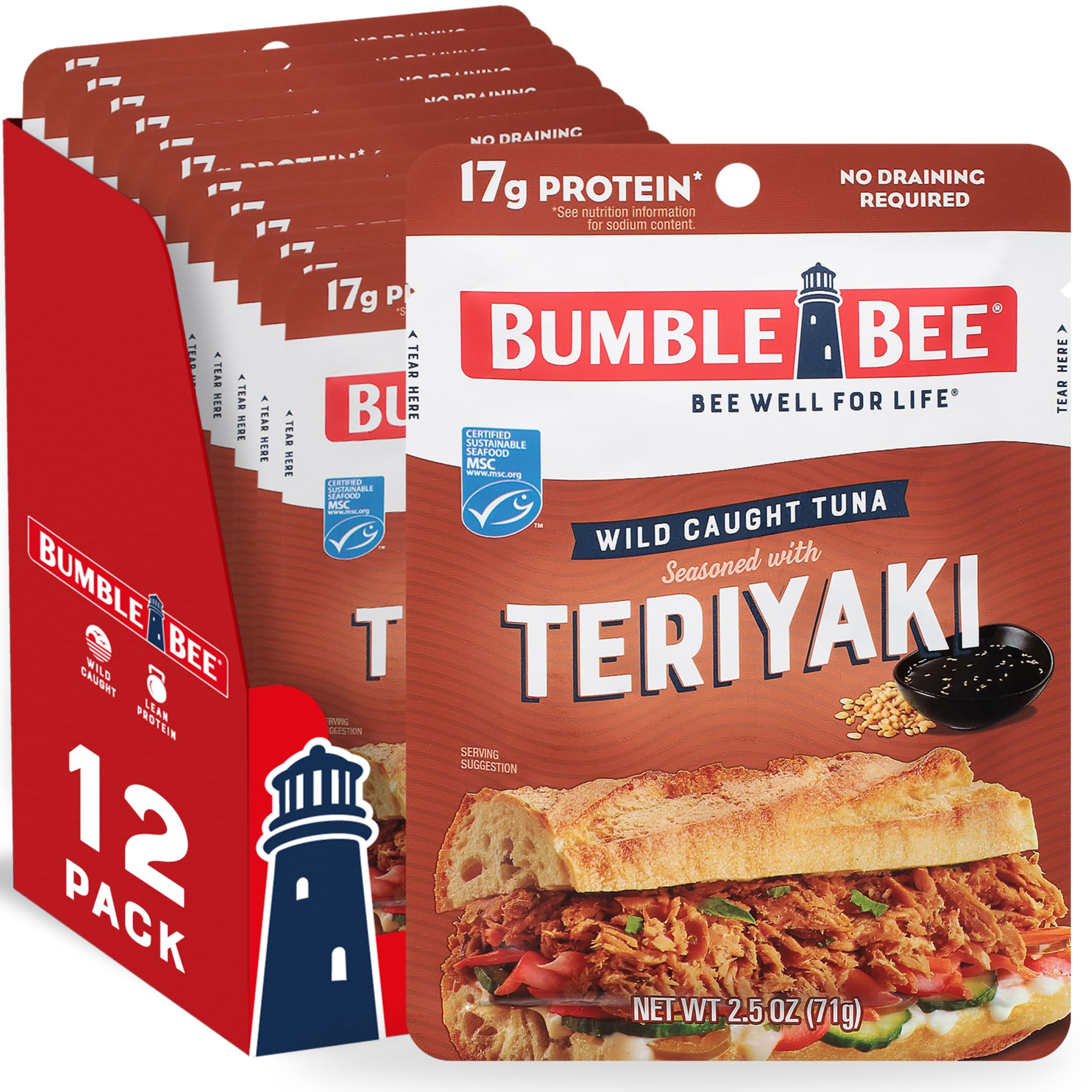 (12 pack) Bumble Bee Teriyaki Seasoned Light Tuna, Wild Caught, 17g Protein per Serving, Ready to Eat, Shelf Stable Pouch, 2.5 oz