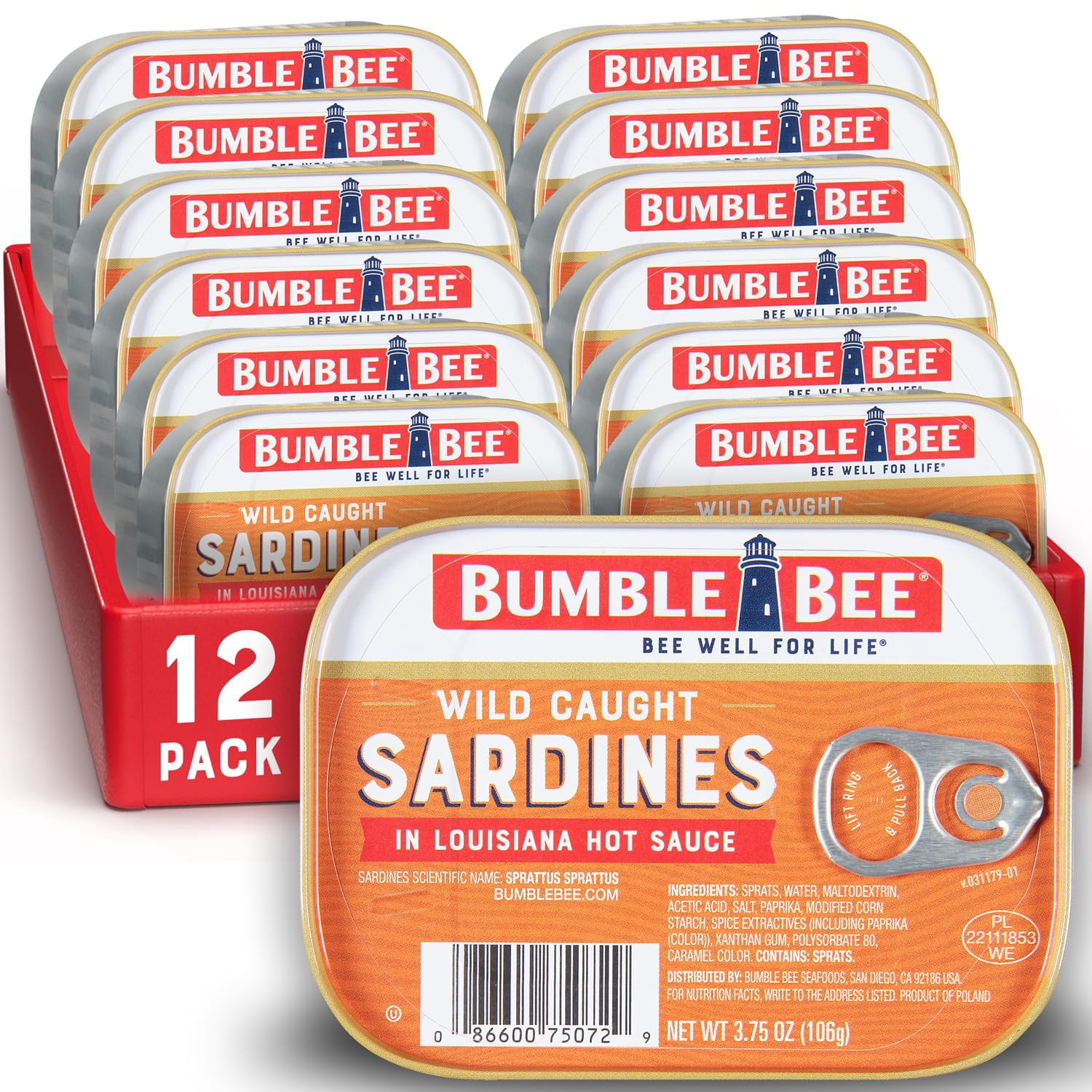 (12 pack) Bumble Bee Wild Caught Sardines in Louisiana Hot Sauce, Gluten Free, 11g Protein Per Serving, Shelf Stable Tin Can, 3.75 oz