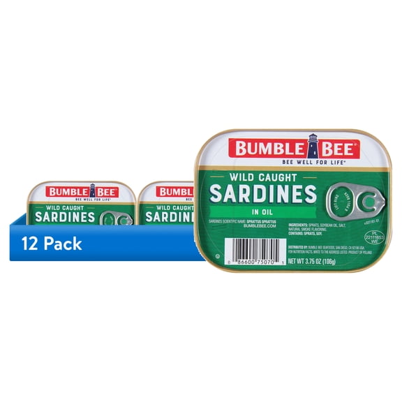 (12 pack) Bumble Bee Wild Caught Sardines in Oil, Gluten Free, 13g Protein Per Serving, Ready to Eat, Shelf Stable Tin Can, 3.75 oz