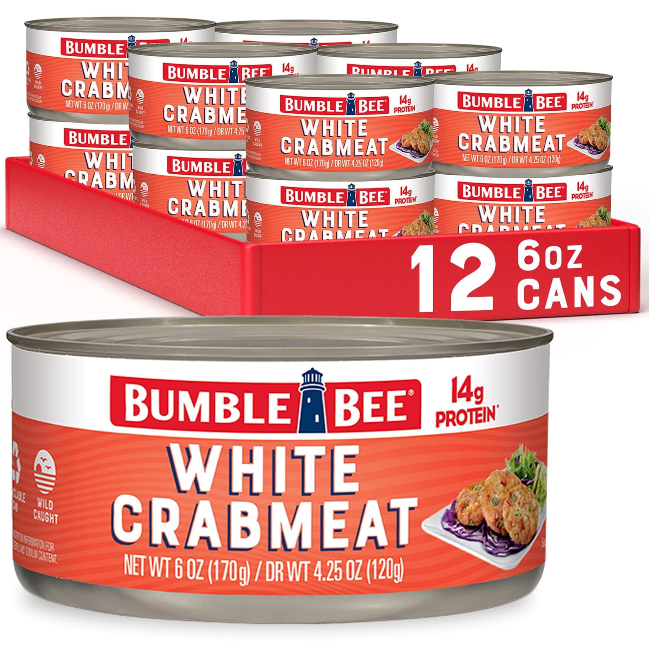 (12 pack) Bumble Bee Wild Caught White Crabmeat, 14g Protein Per Serving, Shelf Stable Can, 6oz