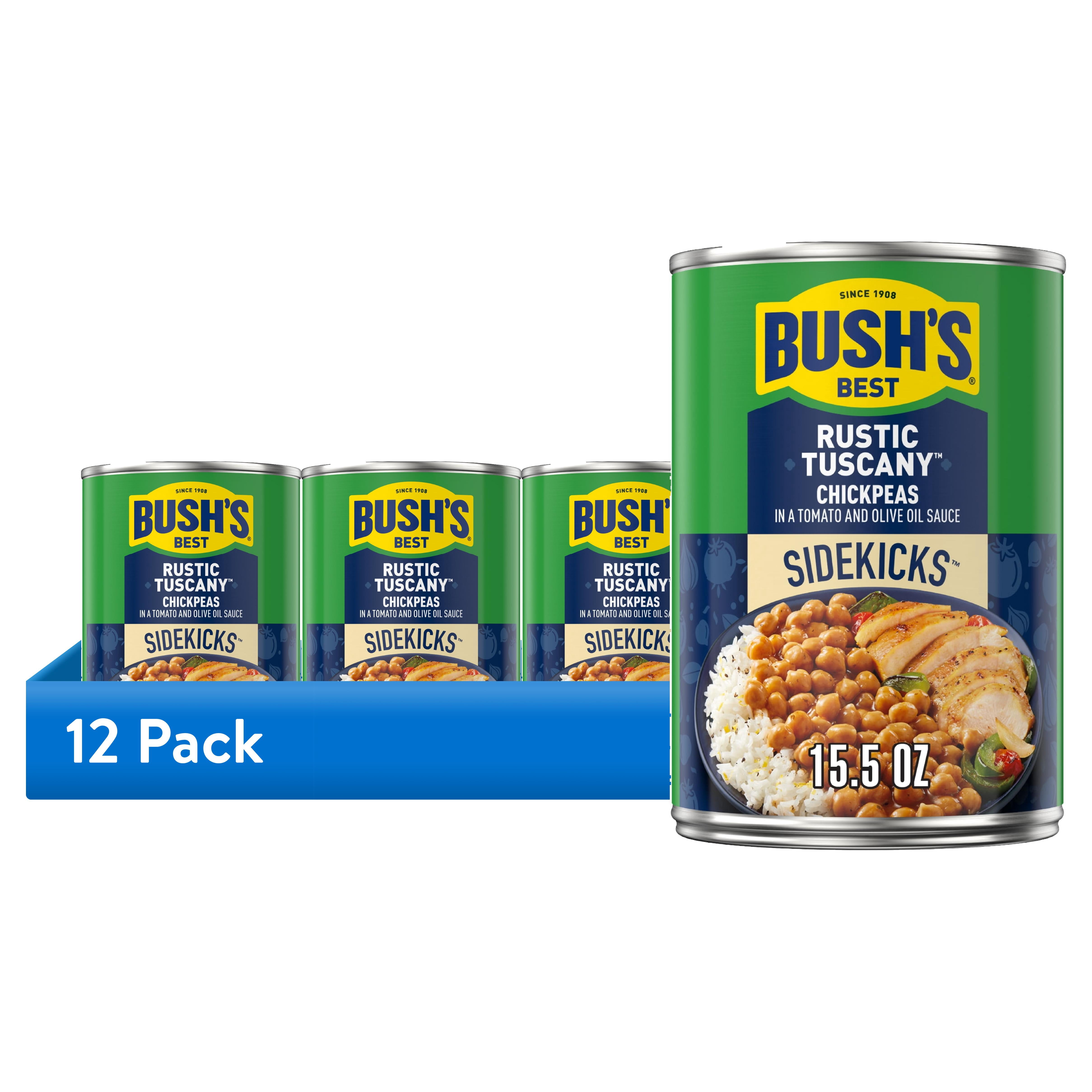 (12 pack) Bush's Sidekicks Rustic Tuscany Chickpeas, Canned Seasoned Garbanzo Beans, 15.5 oz