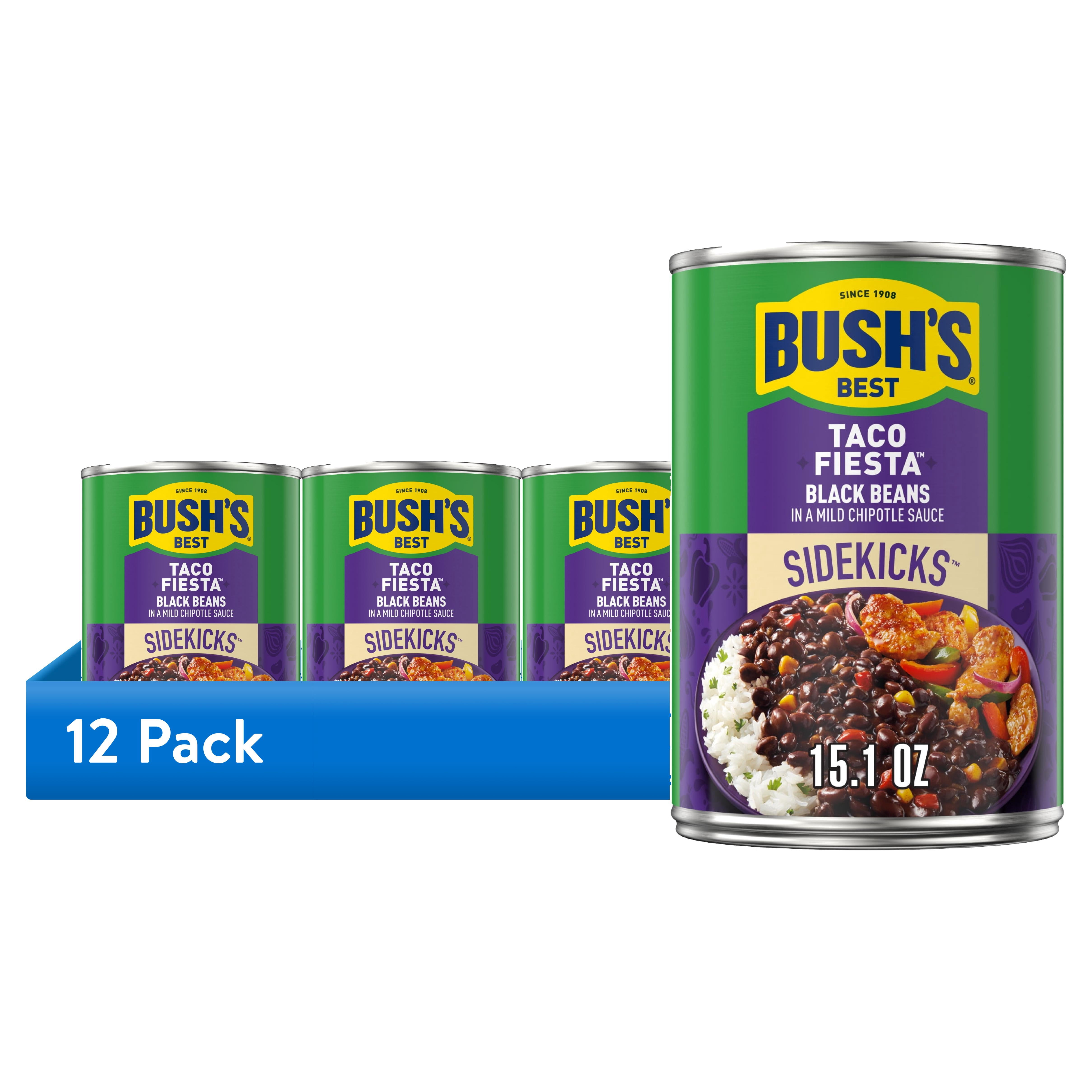 (12 pack) Bush's Sidekicks Taco Fiesta Black Beans, Canned Black Beans, 15.1 oz Can