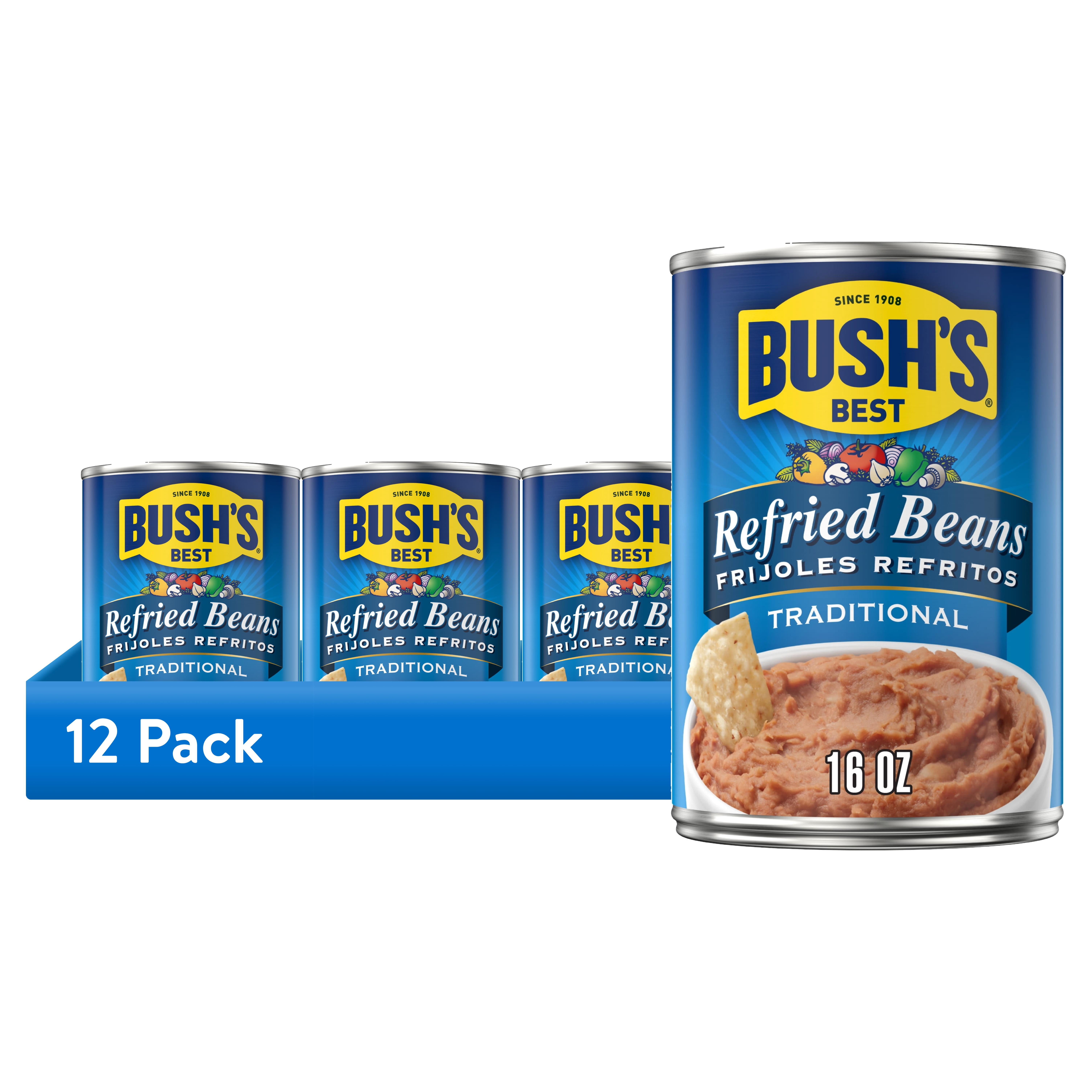 (12 pack) Bush's Traditional Refried Beans, Canned Mashed Pinto Beans, 16 oz Can