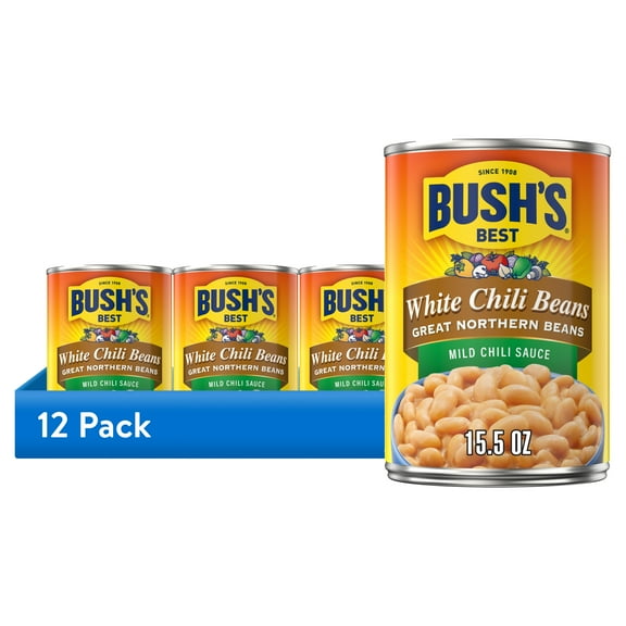 (12 pack) Bush's White Chili Beans, Canned Great Northern Beans in Mild Chili Sauce, 15.5 oz Can