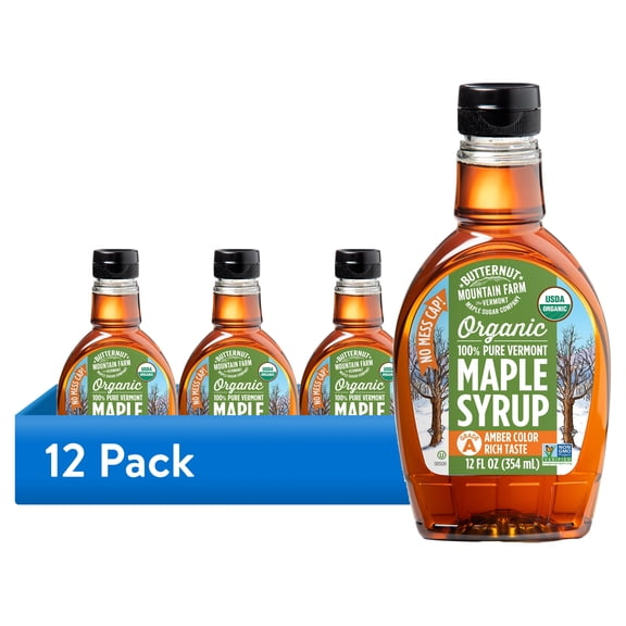 (12 pack) Butternut Mountain Farm Organic Pure Maple Syrup Grade A, Amber Rich PET Bottle