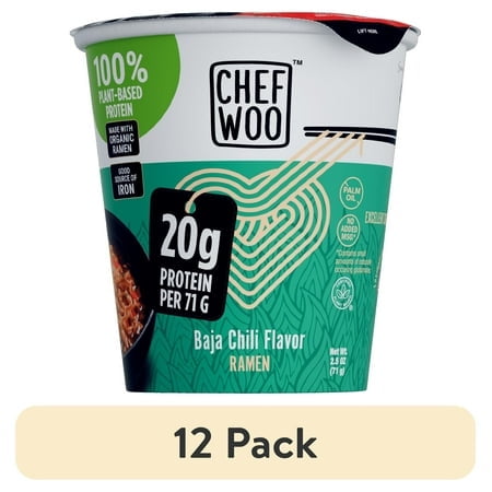 (12 pack) CHEF WOO Baja Chili Ramen, High Protein Noodles, 20g of Animal-free, Bioavailable Protein, 2.5 oz Cup