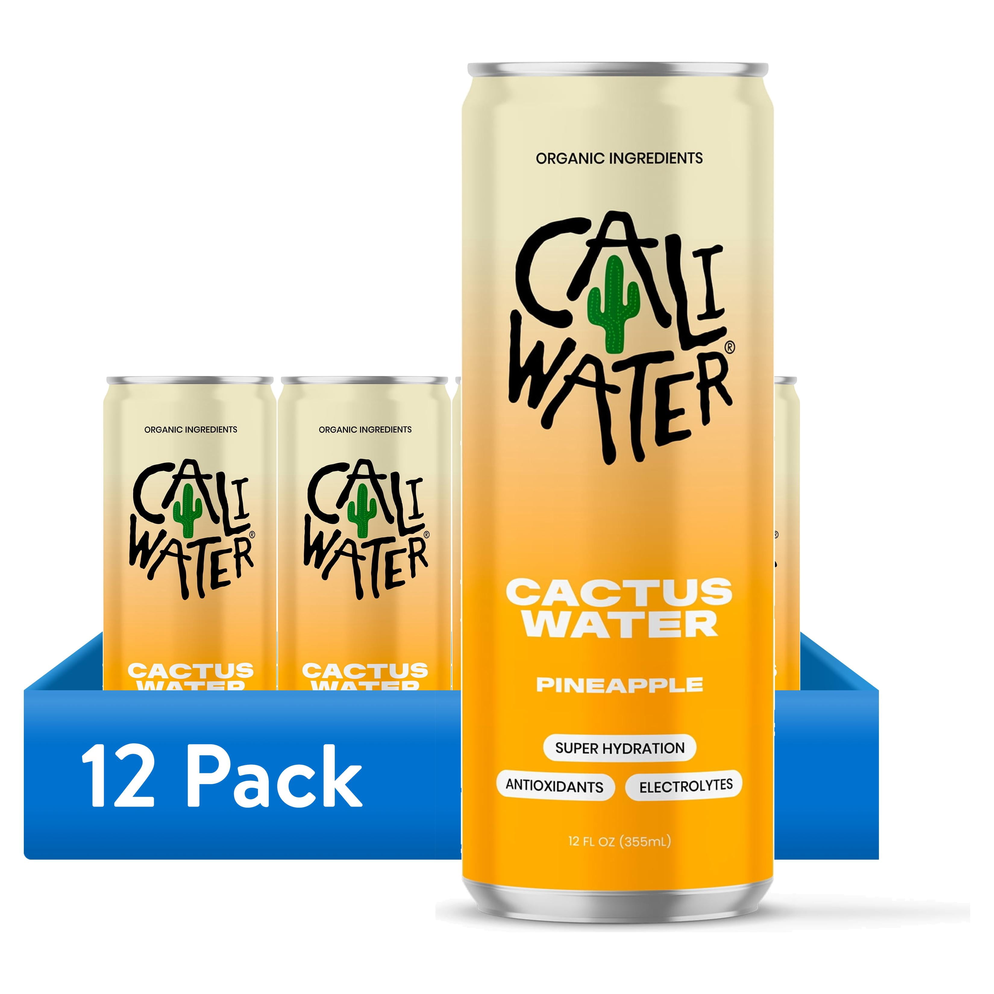 (12 pack) Caliwater Organic Cactus Water, Pineapple, Single Can, Coconut Water Alternative, 12 fl oz, Crisp