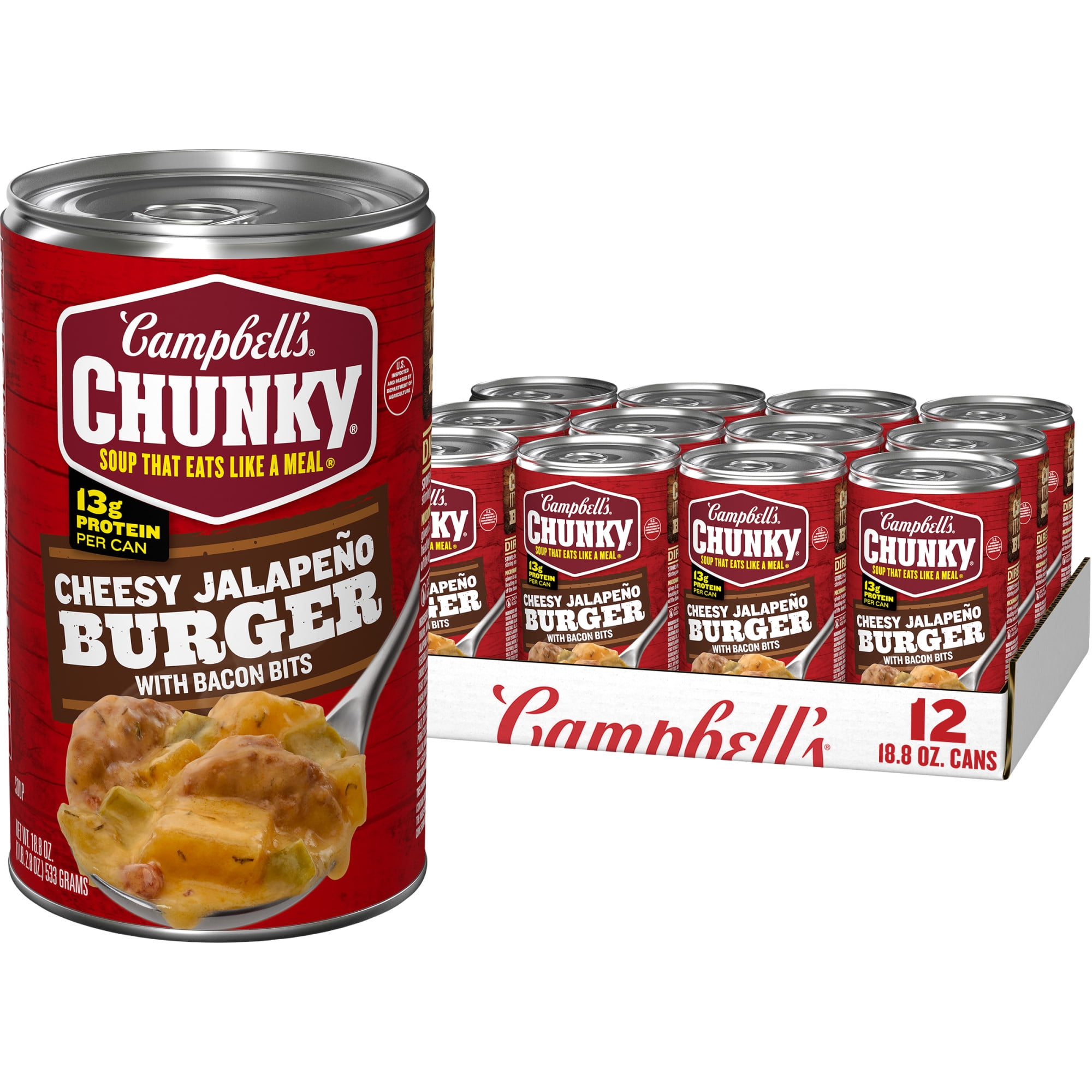 (12 pack) Campbell's Chunky Cheesy Jalapeno Burger with Bacon Bits Soup, 18.8 oz Can