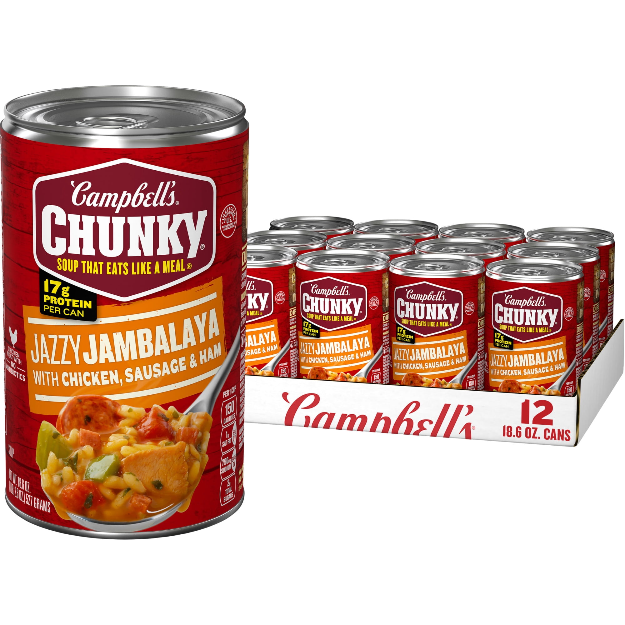 (12 pack) Campbell’s Chunky Soup, Jazzy Jambalaya with Chicken, Sausage and Ham Soup, 18.6 oz Can