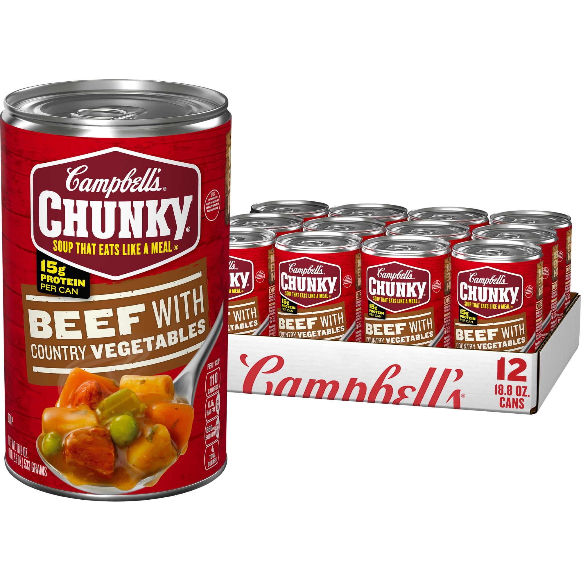(12 pack) Campbells Chunky Soup, Ready to Serve Beef Soup with Country Vegetables, 18.8 oz Can