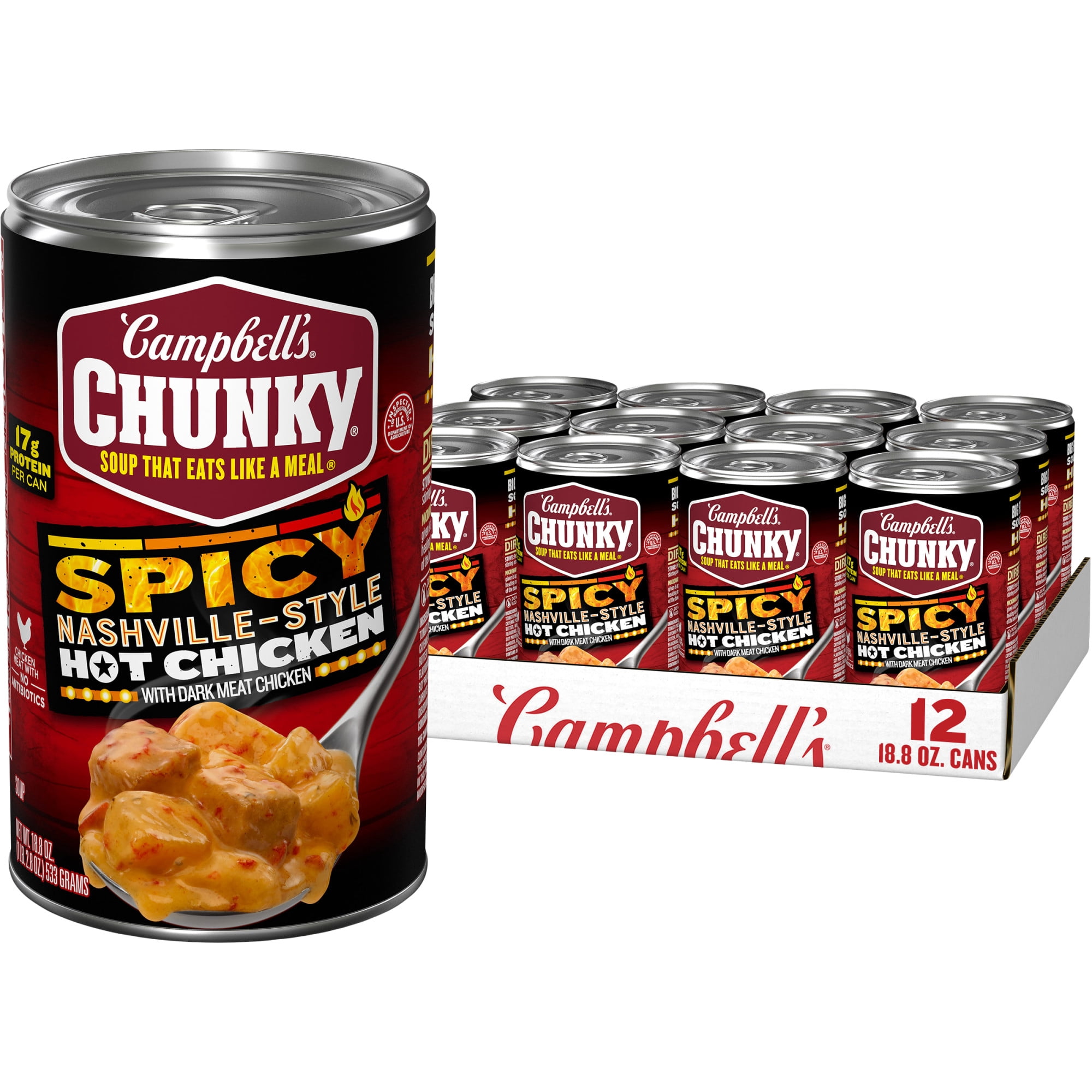 (12 pack) Campbell’s Chunky Soup, Spicy Nashville-Style Hot Chicken Soup, 18.8 oz Can