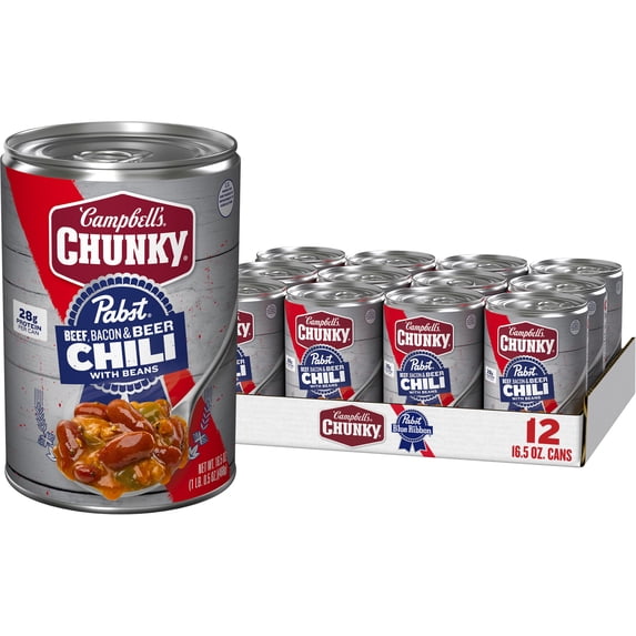(12 pack) Campbell’s Chunky x Pabst Blue Ribbon Beef, Bacon and Beer Chili with Beans, 16.5 oz Can