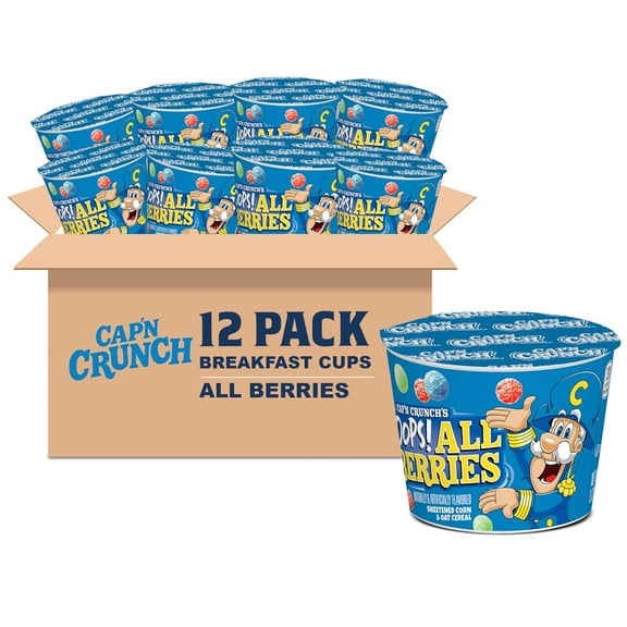 (12 pack) Cap'n Crunch Sweetened Corn & Oat Cereal Oops All Berries Breakfast Cereal, 1.12 oz Cup