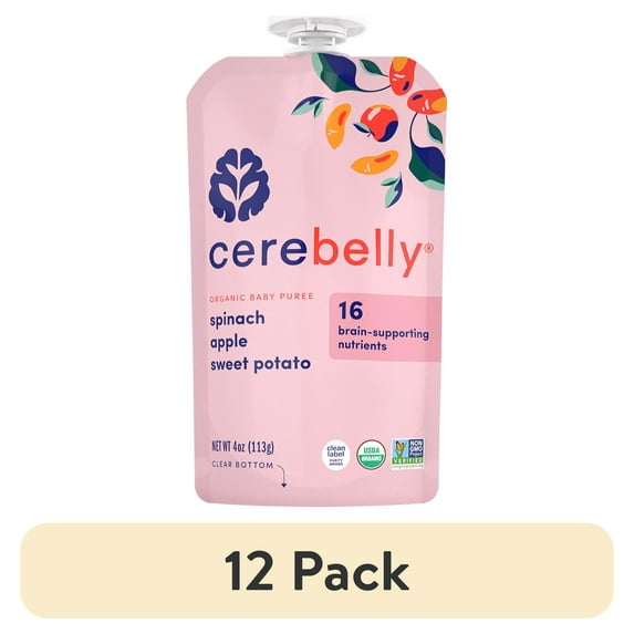 (12 pack) Cerebelly Organic Stage 2 Spinach Apple Sweet Potato Baby Food, 4 oz Puree