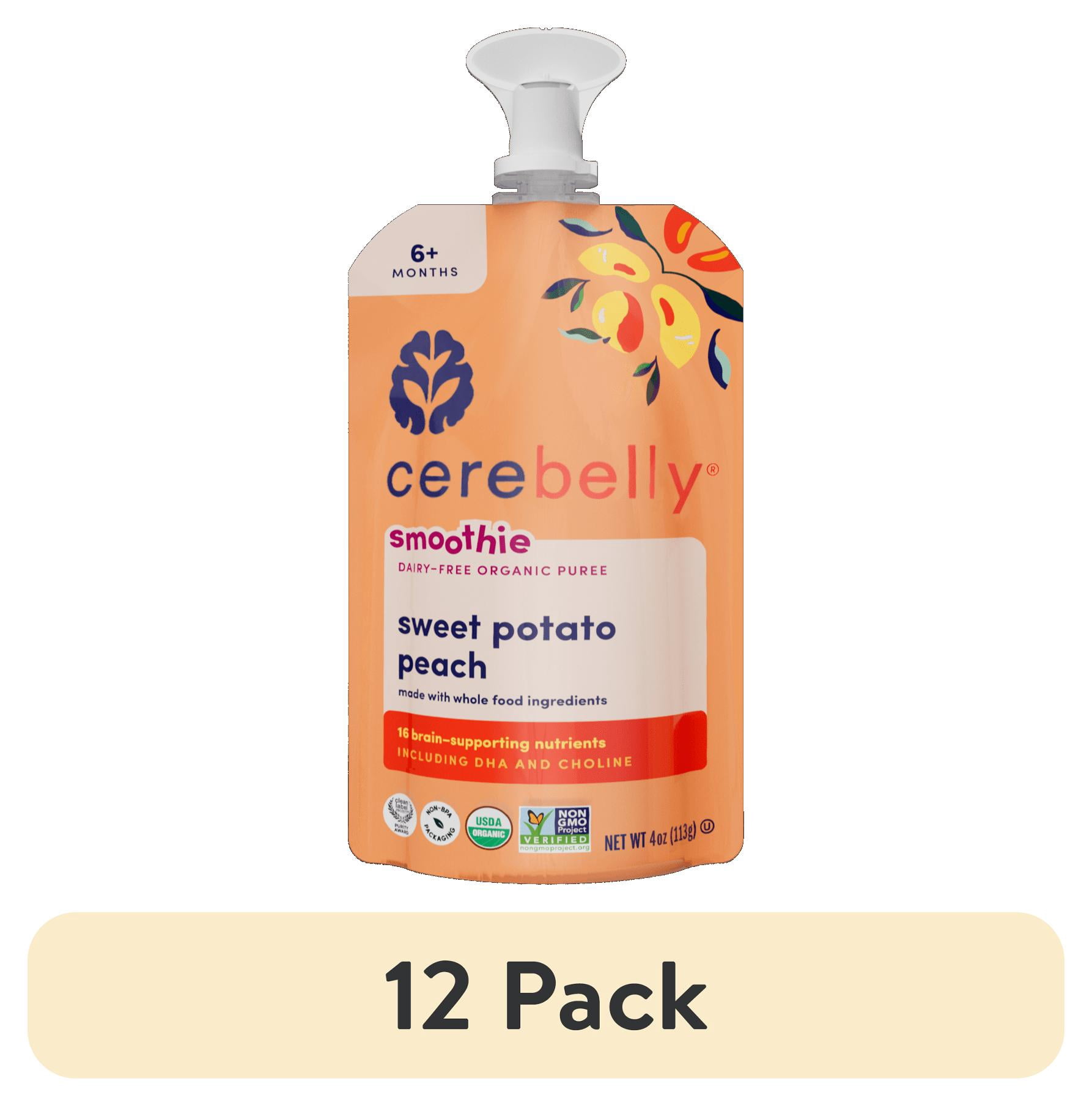(12 pack) Cerebelly Organic Stage 2 Sweet Potato Peach Smoothie Baby Food, 4 oz Pouch