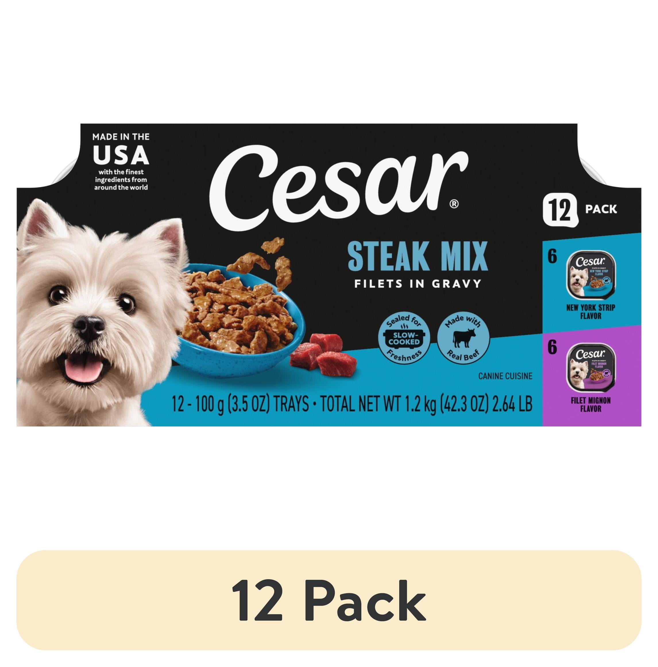 (12 pack) Cesar Filets in Gravy Beef Flavor Variety Pack Wet Dog Food Adult, 3.5 oz Easy Peel Trays, 12 Pack