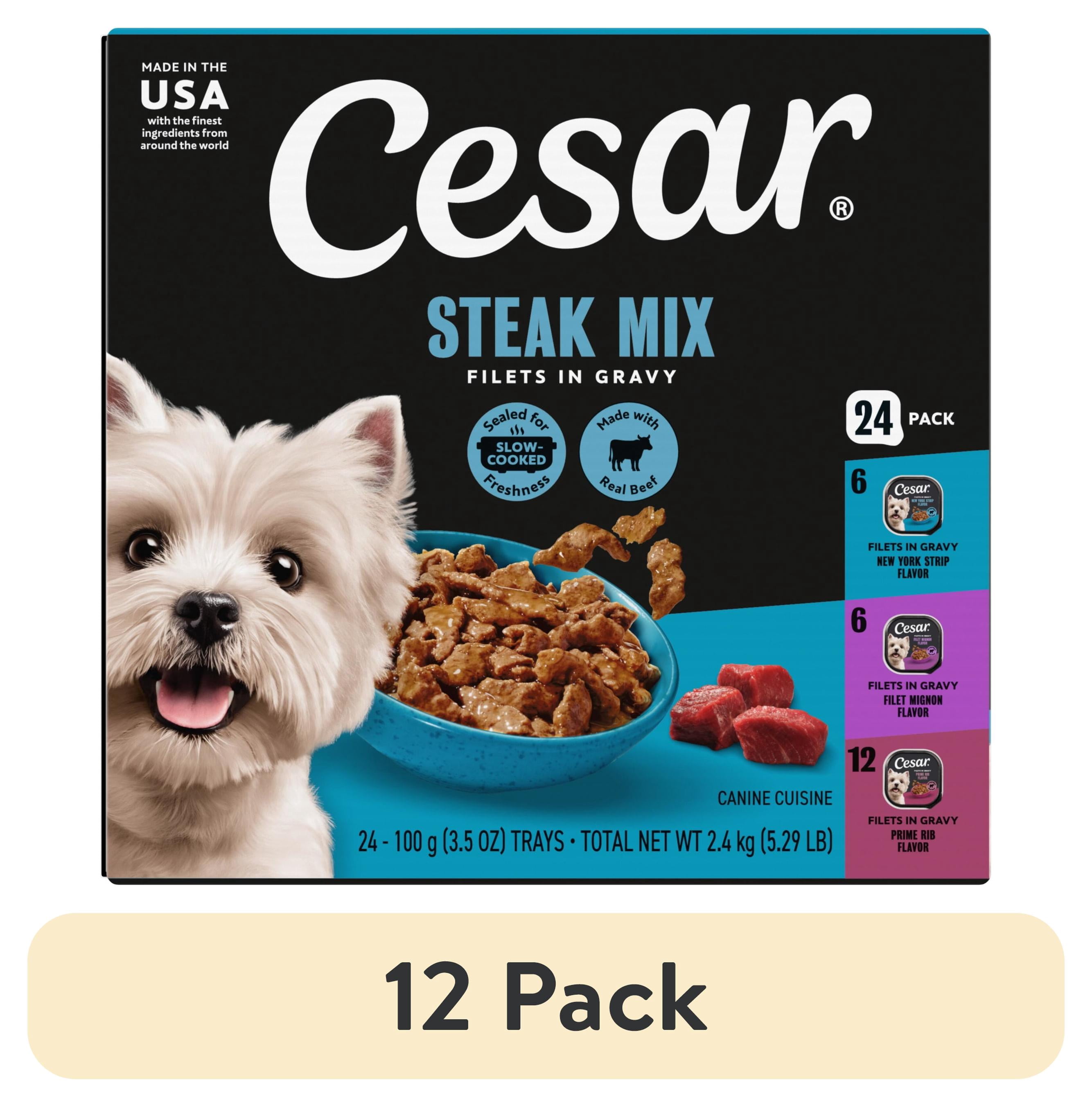 (12 pack) Cesar Filets in Gravy Variety Flavors wet Dog Food Adult 3.5 oz Easy Peel Trays 24 Pack