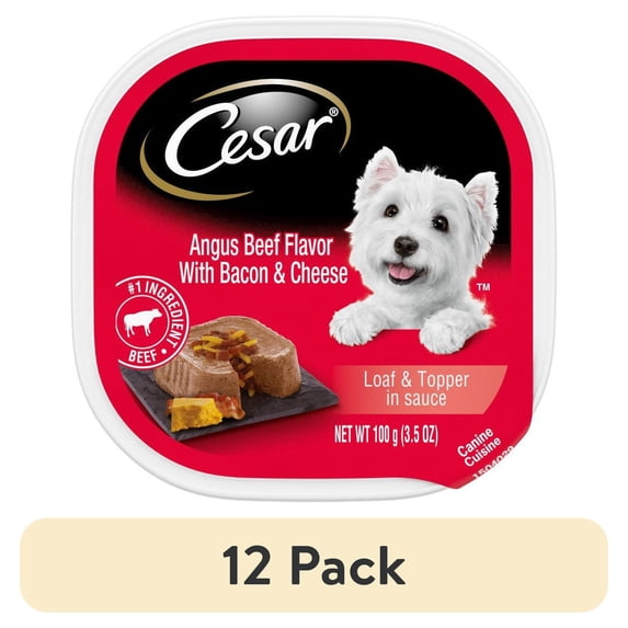 (12 pack) Cesar Loaf & Topper Angus Beef Flavor With Bacon & Cheese Wet Dog Food, 3.5 Oz Tray