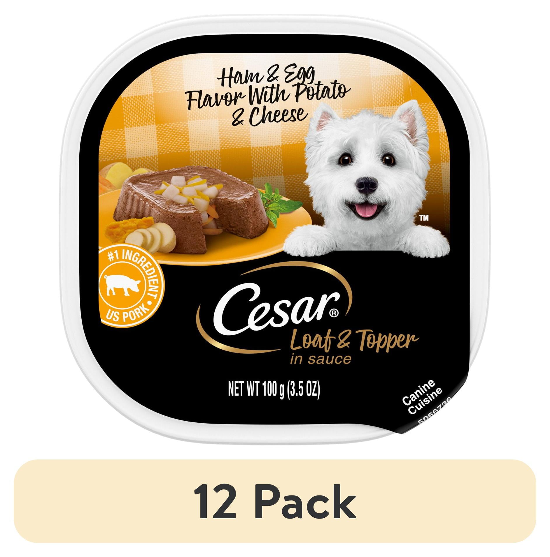 (12 pack) Cesar Loaf & Topper In Sauce Ham & Egg Flavor With Potato & Cheese Wet Dog Food, 3.5 Oz Tray