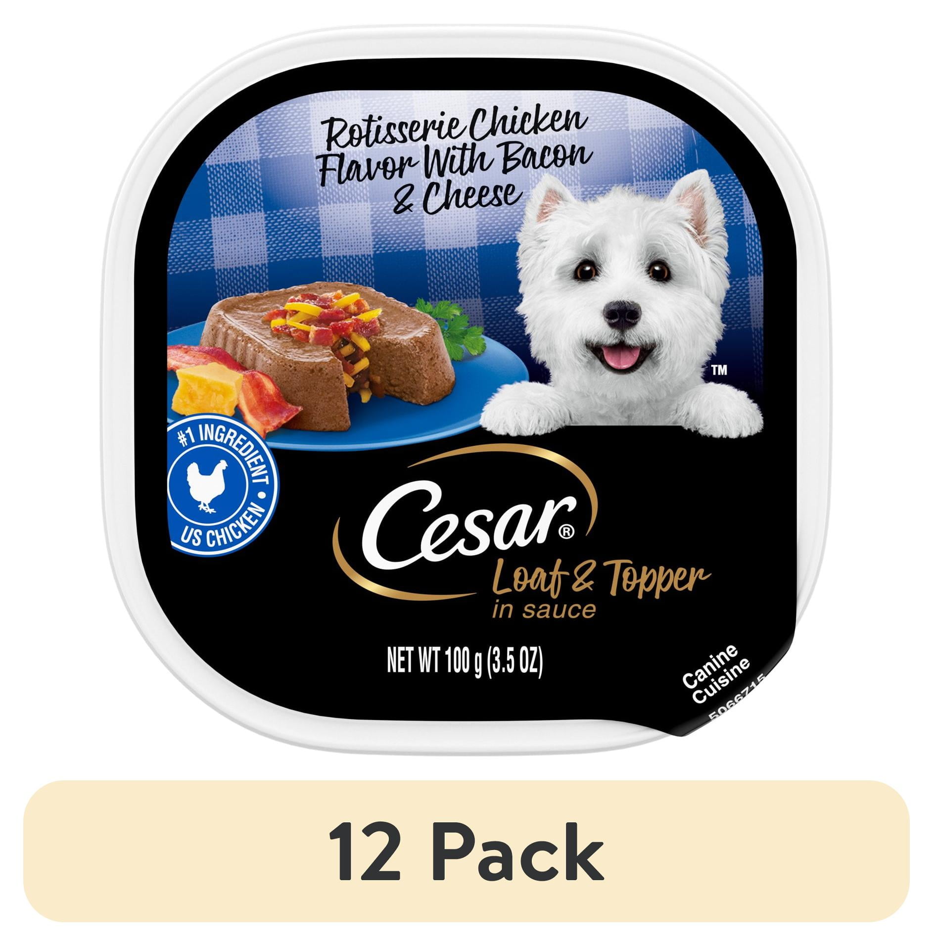 (12 pack) Cesar Loaf & Topper In Sauce Rotisserie Chicken Flavor With Bacon & Cheese Wet Dog Food, 3.5 Oz Tray