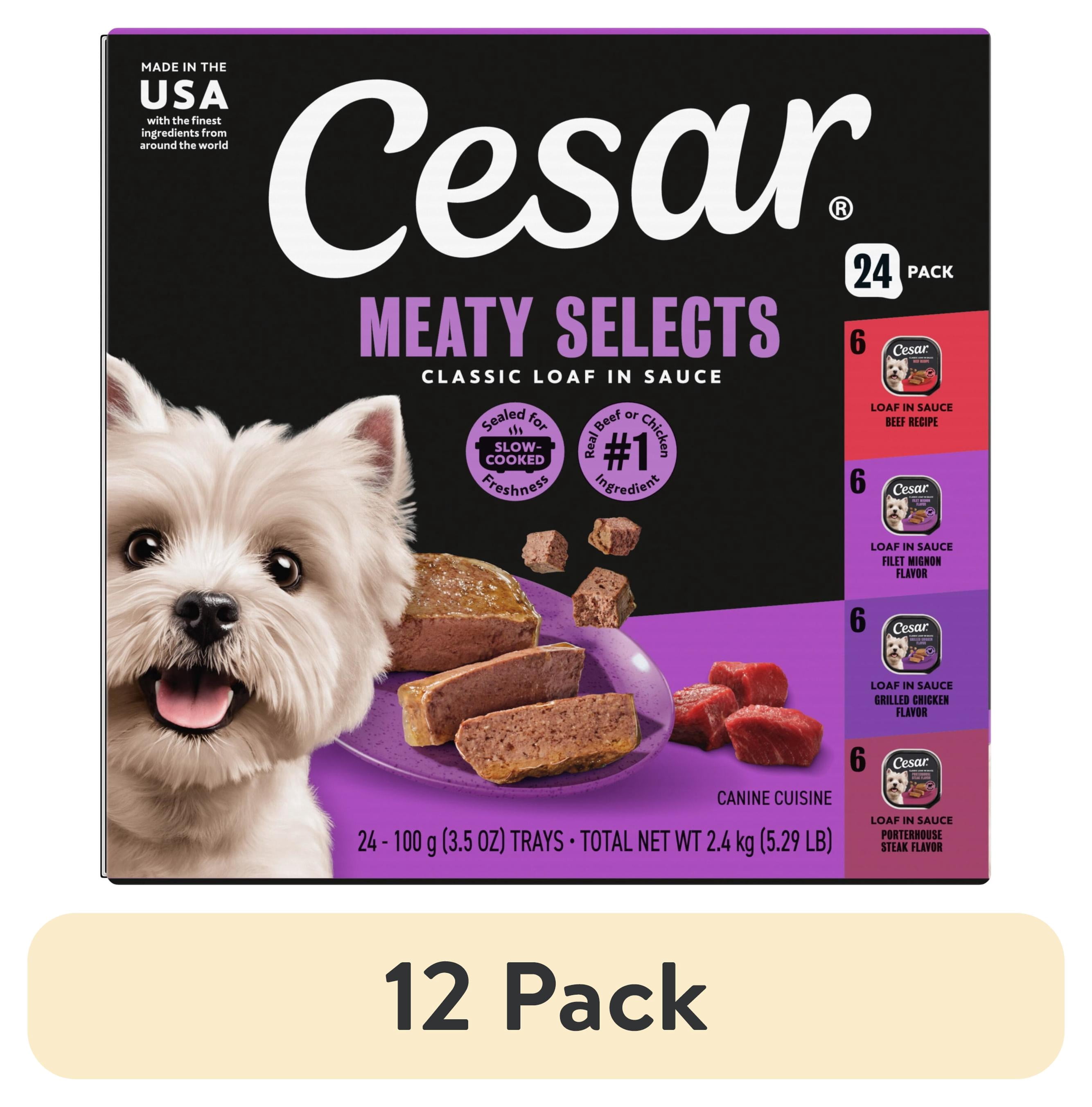 (12 pack) Cesar Loaf In Sauce Beef And Chicken Flavors Adult Wet Dog Food Variety Pack, 3.5 Oz Trays, 24 Ct.