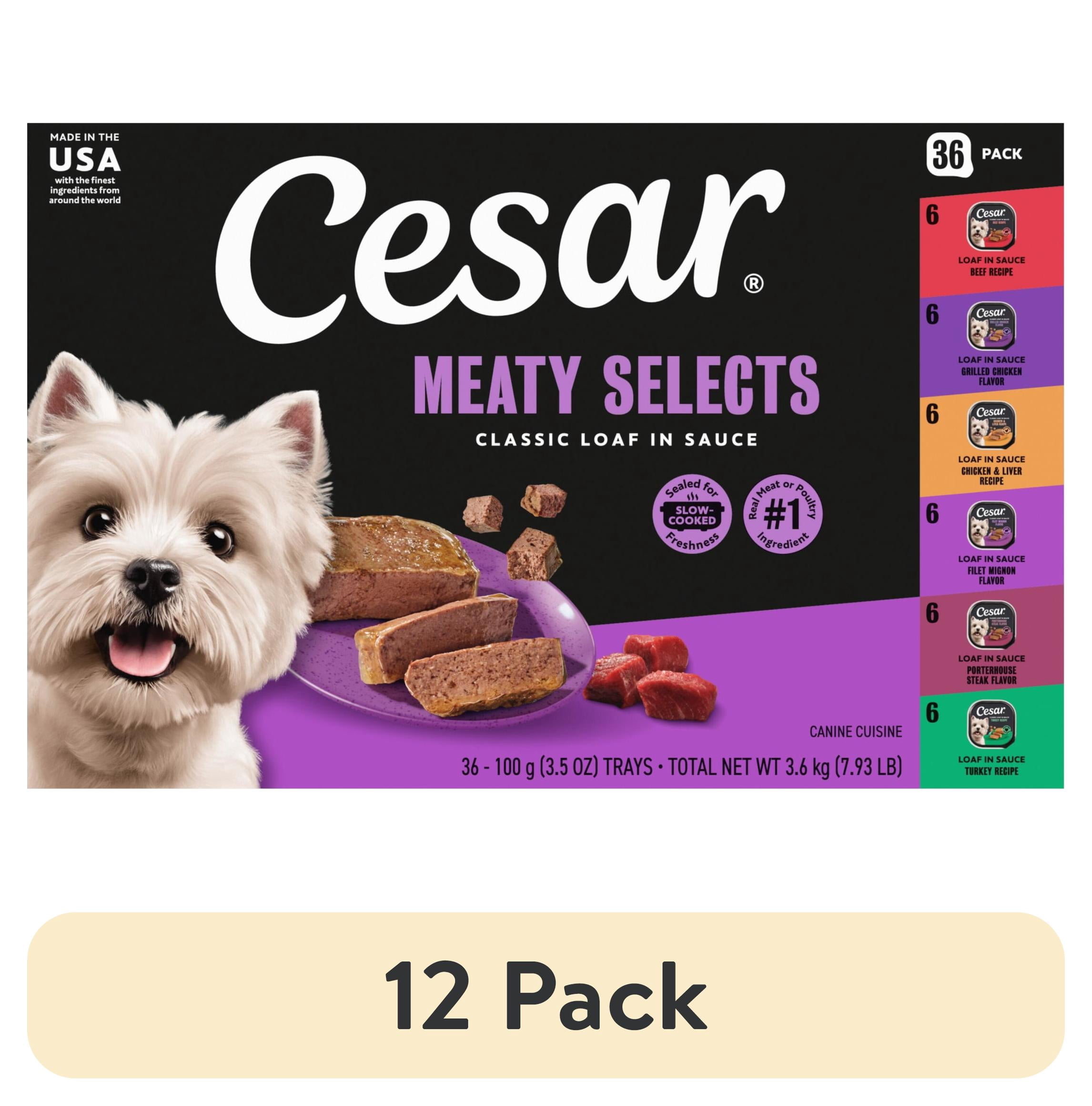 (12 pack) Cesar Loaf in Sauce Poultry and Beef Flavors Adult Wet Dog Food Variety Pack, 3.5 oz Trays, 36 Ct.