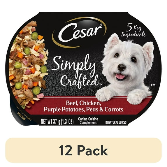 (12 pack) Cesar Simply Crafted Beef, Chicken and Vegetables Wet Dog Food Topper, 1.3 oz Tub