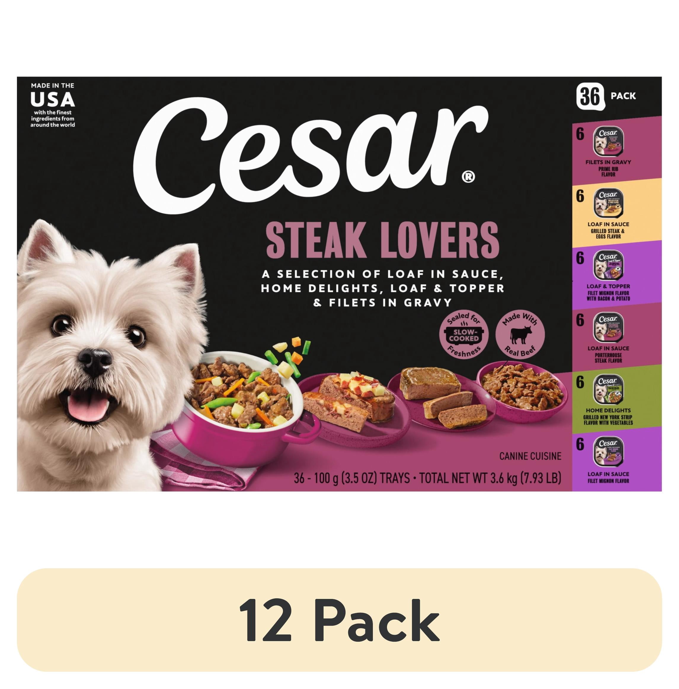 (12 pack) Cesar Wet Dog Food Steak Lovers Variety Pack, Real Meat Wet Food for Dogs, 36 Count
