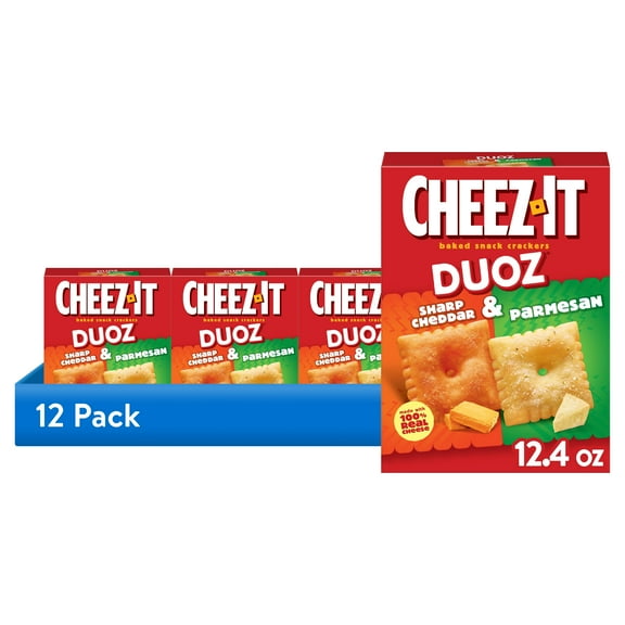 (12 pack) Cheez-It DUOZ Sharp Cheddar and Parmesan Baked Snack Crackers, Lunch Snacks, 12.4 oz
