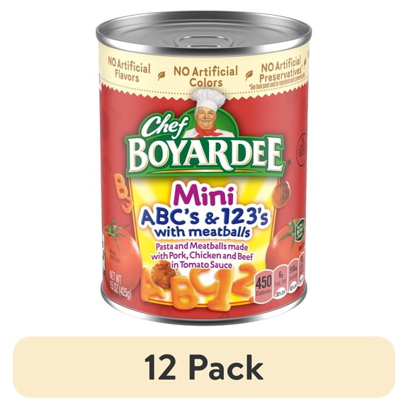 (12 pack) Chef Boyardee Mini ABC's and 123's with Meatballs in Tomato Sauce, Ready-to-Eat Meal, 15 oz. Can