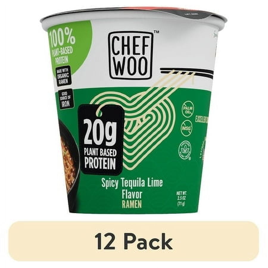 (12 pack) Chef WOO Spicy Tequila Lime Ramen, High Protein Noodles, 20g of Animal-free, Bioavailable Protein, 2.5 oz Cup