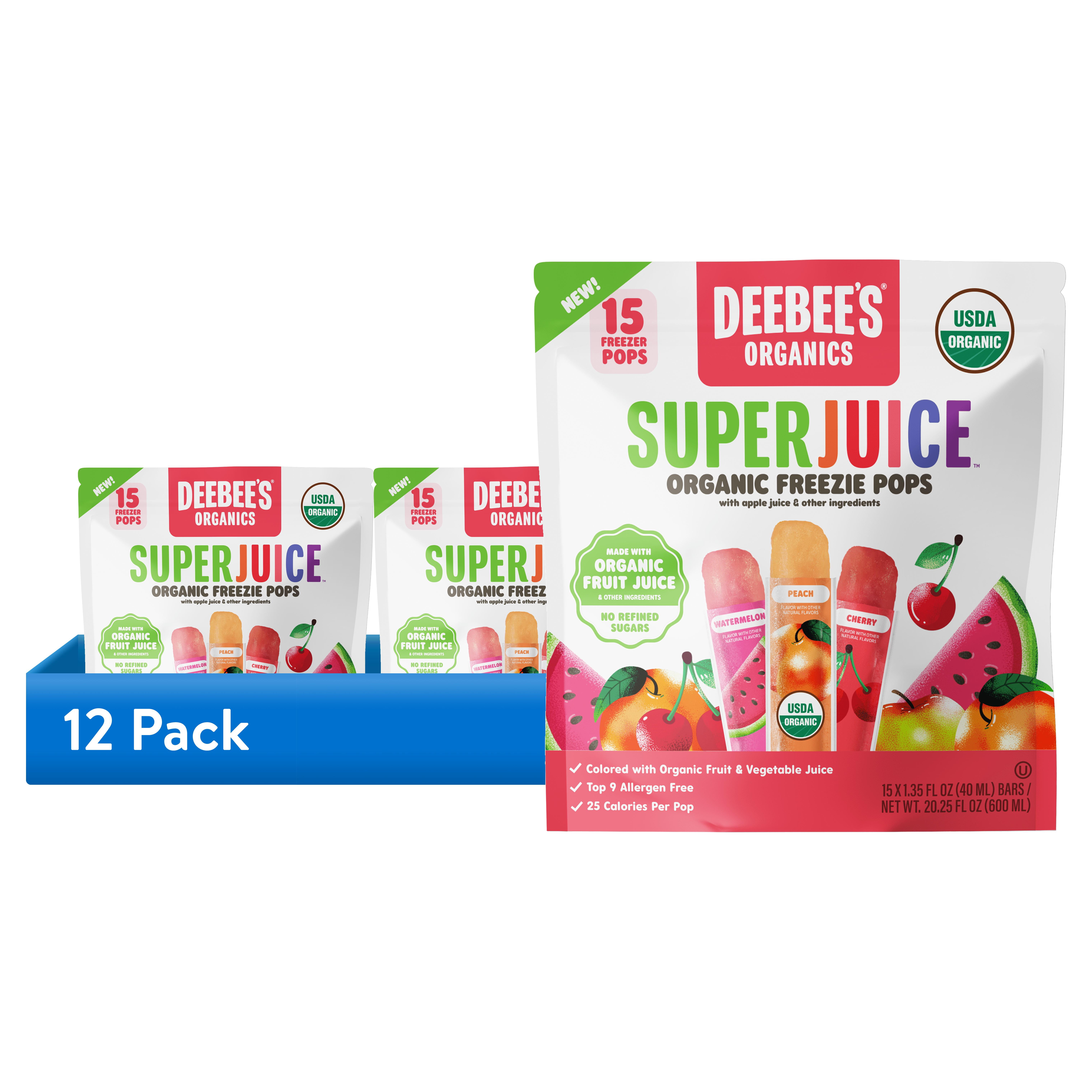 (12 pack) Deebee's Organics Super-Juice Freezie Pops, 15 Count, 1.35 fl oz