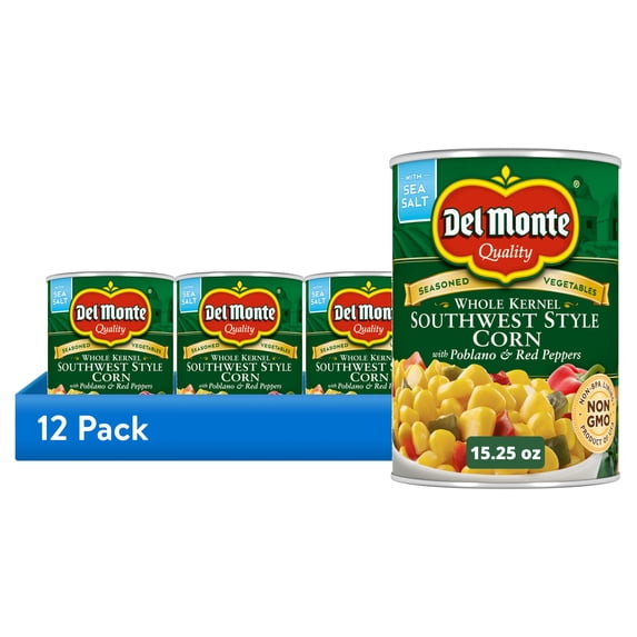 (12 pack) Del Monte Southwest Whole Kernel Corn with Peppers, Canned Vegetables, 15.25 oz Can