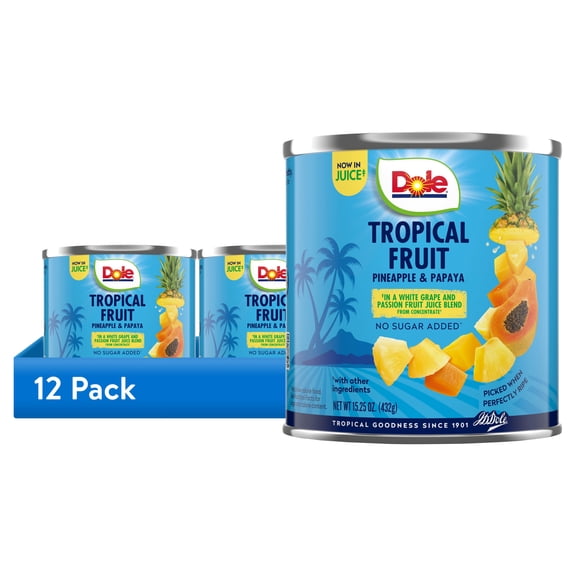(12 pack) Dole Tropical Fruit, Pineapple and Papaya, No Sugar Added, 15.25 oz Can