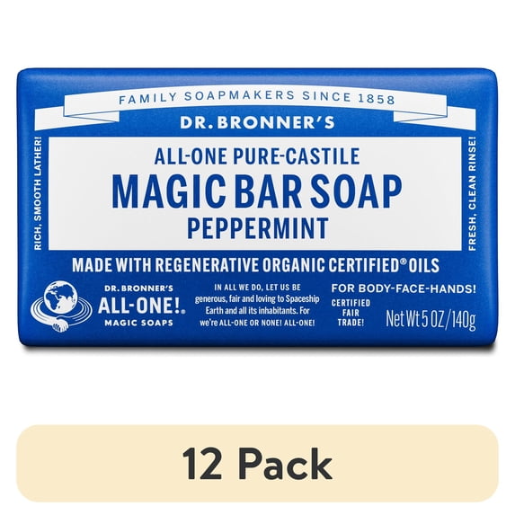 (12 pack) Dr. Bronner's Magic Soap Pure-Castile Bar, Organic Coconut Oil, Peppermint, 5 oz