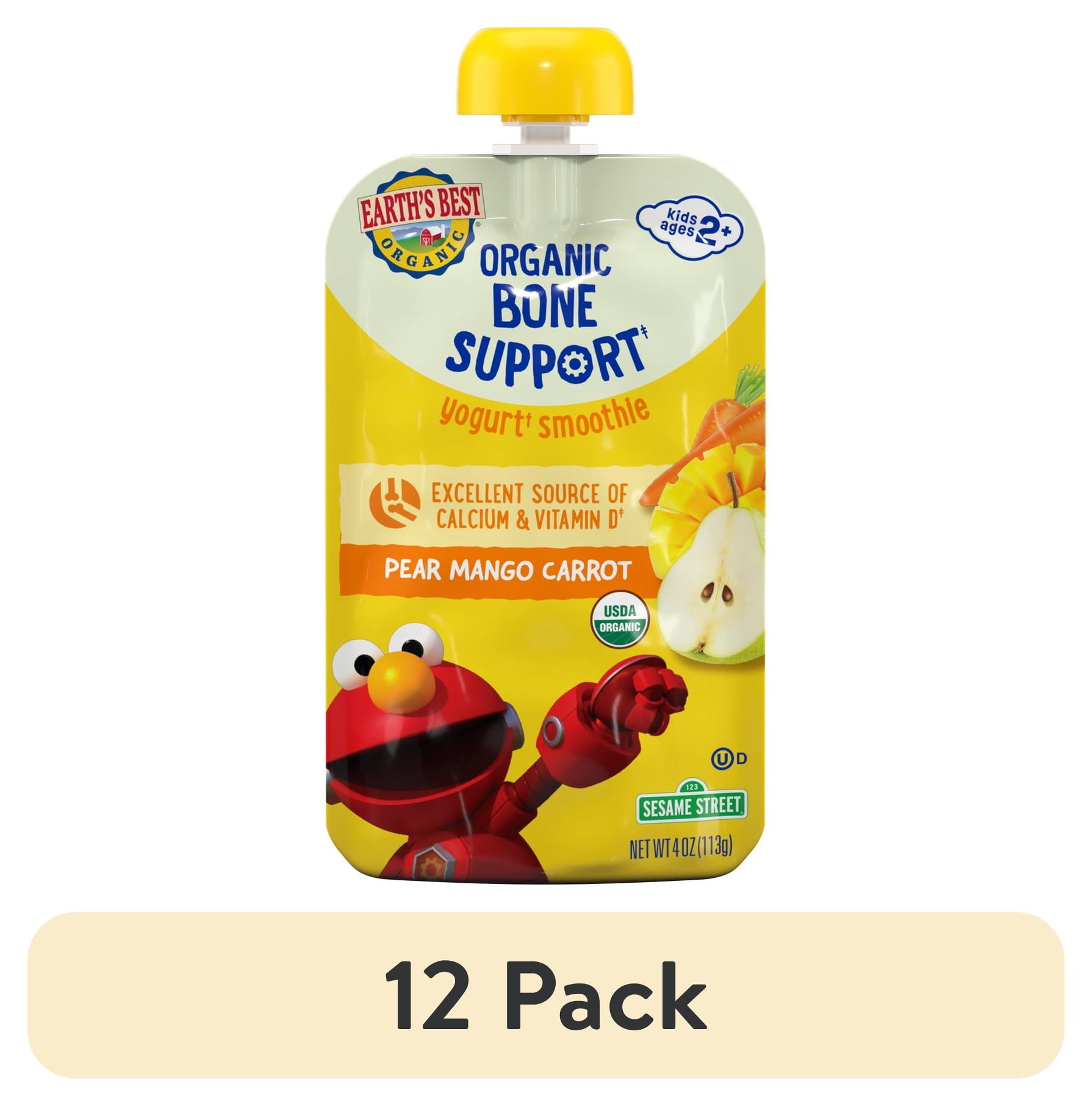 (12 pack) Earth's Best Organic Bone Support Toddler Food, Pear Mango Carrot Yogurt Smoothie, 4 oz Pouch