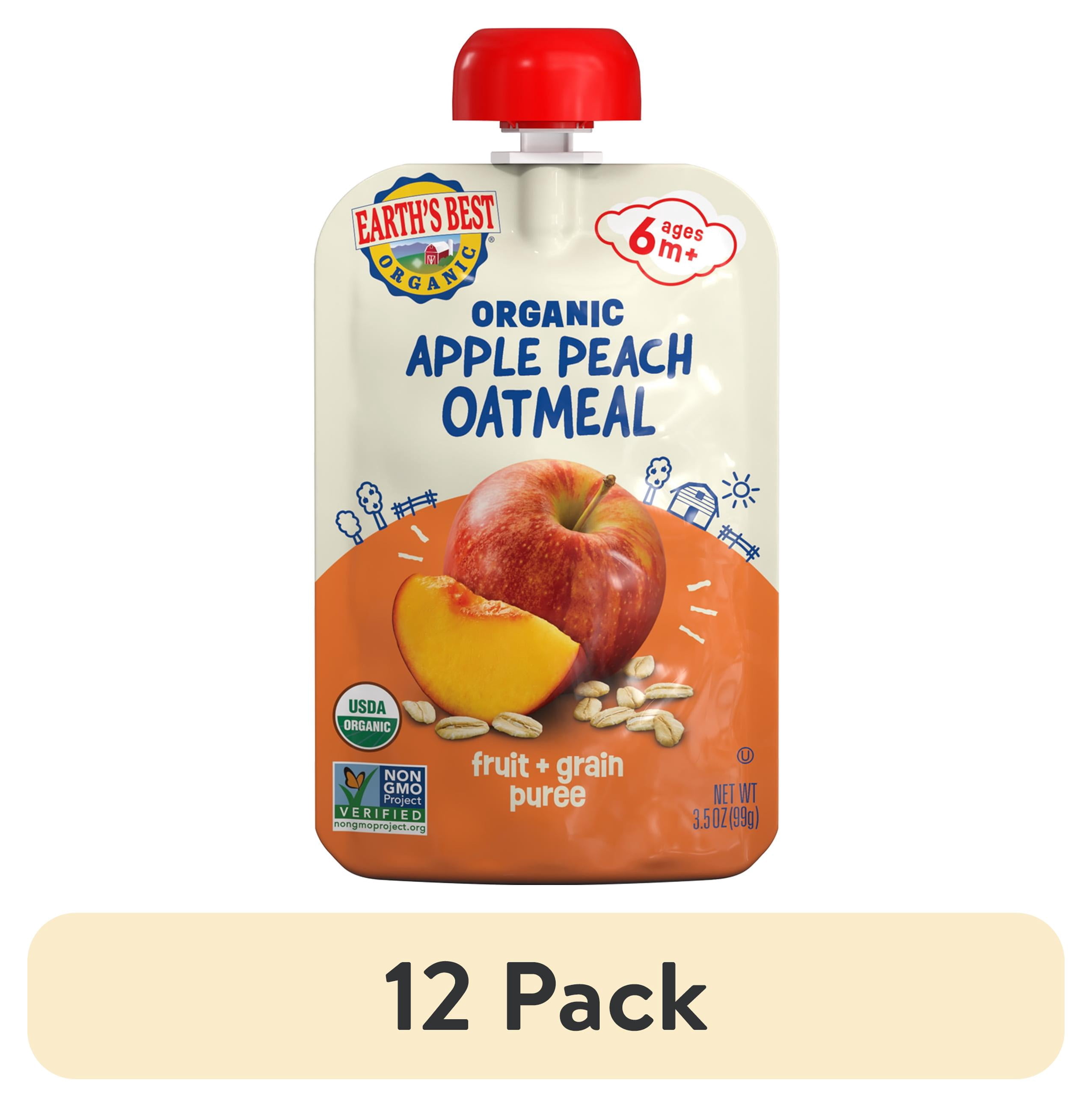 (12 pack) Earth's Best Organic Stage 2 Baby Food, Apple Peach Oatmeal, 3.5 oz Pouch