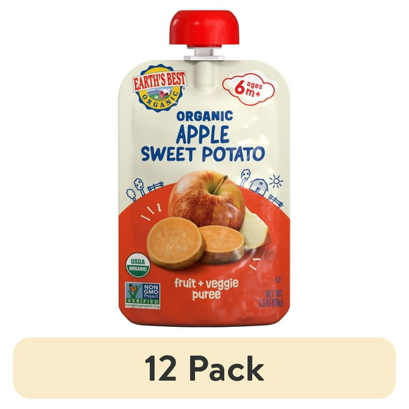 (12 pack) Earth's Best Organic Stage 2 Baby Food, Apple Sweet Potato Puree, 3.5 oz Pouch