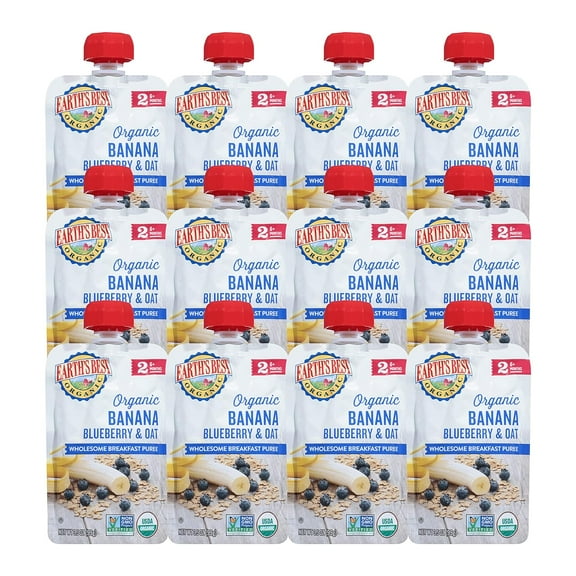 (12 pack) Earth's Best Organic Stage 2 Baby Food, Banana Blueberry Oat Fruit & Grain Puree, 3.5 oz Pouch