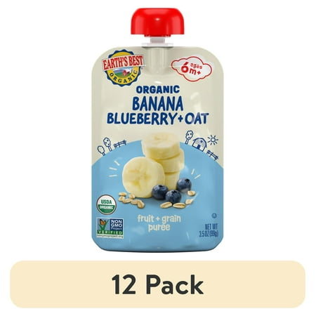 (12 pack) Earth's Best Organic Stage 2 Baby Food, Banana Blueberry Oat Fruit & Grain Puree, 3.5 oz Pouch