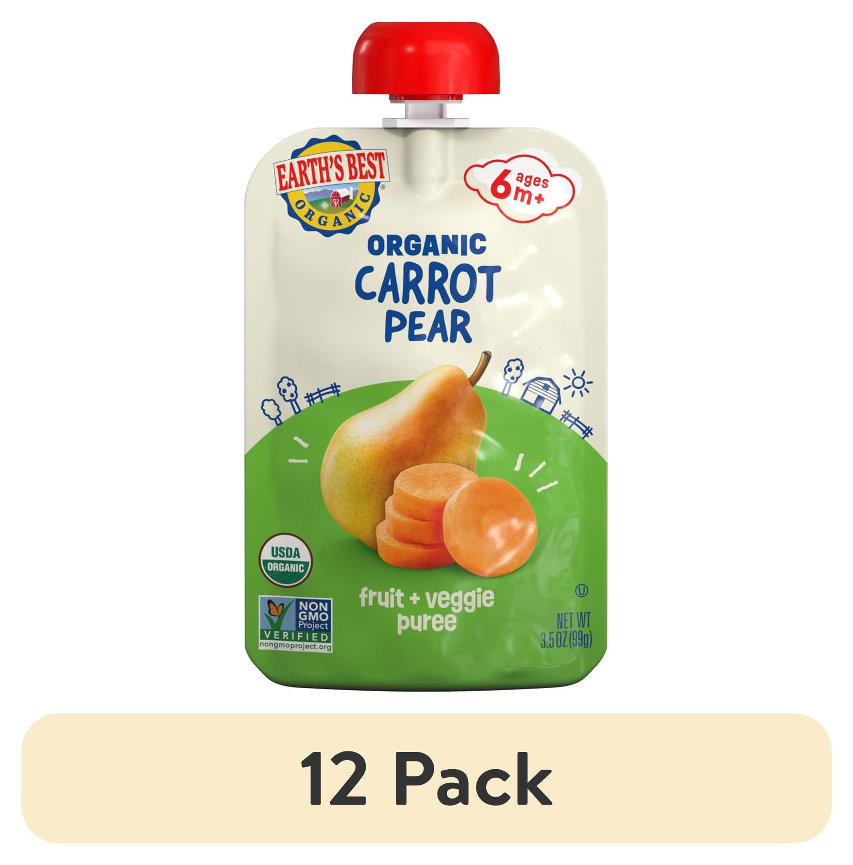 (12 pack) Earth's Best Organic Stage 2 Baby Food, Carrot Pear Fruit & Veggie Puree, 3.5 oz Pouch