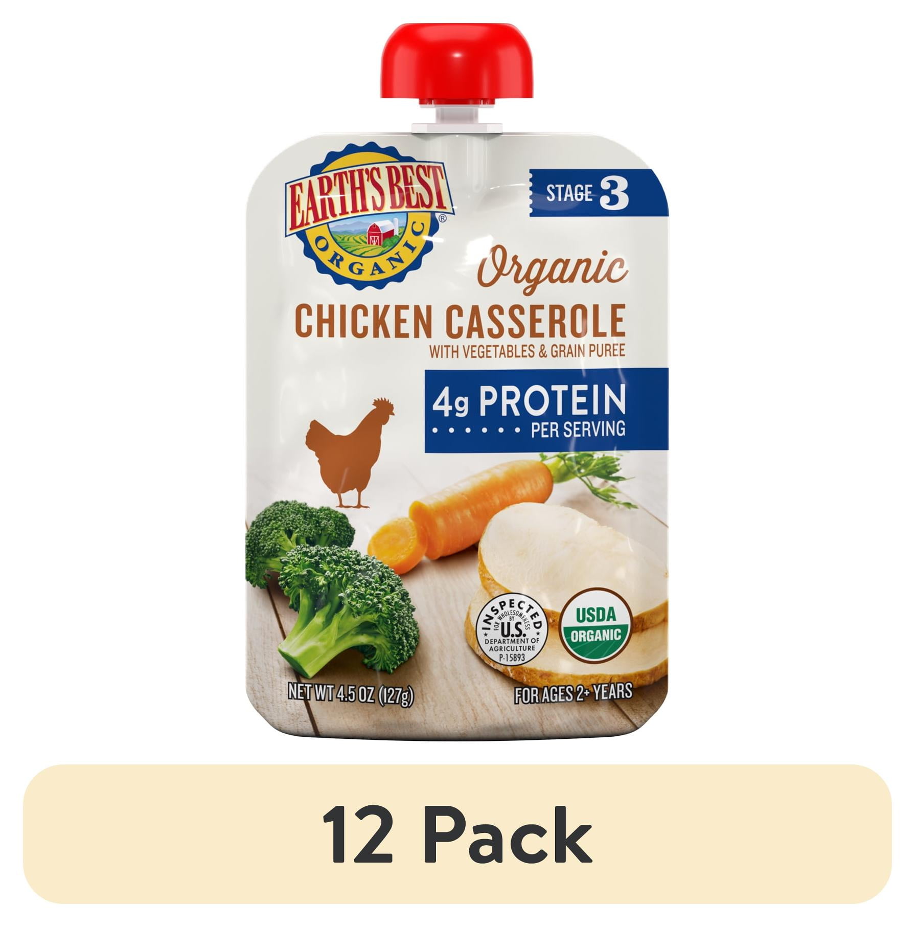 (12 pack) Earth's Best Organic Stage 3 Baby Food, Chicken Casserole with Vegetables & Grain, 4.5 oz Pouch