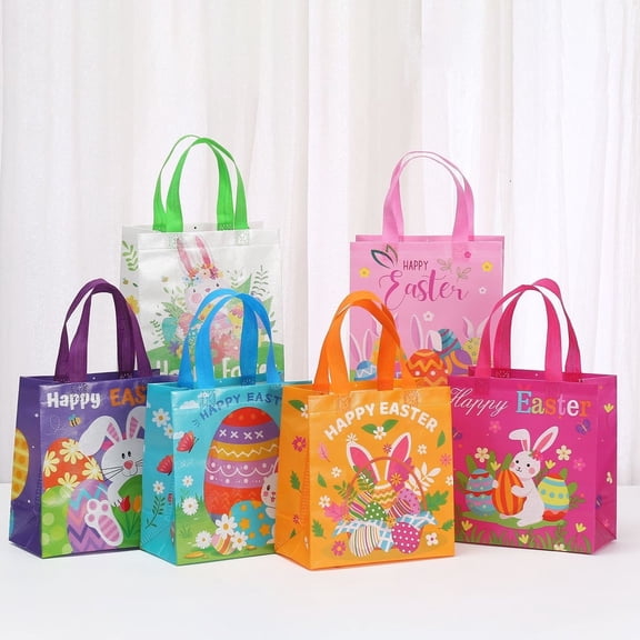 12 pack Easter Gift Bag with Handle Happy Easter Non-Woven Bag for Kid Reusable Easter Tote Bag for Egg Hunt Bunny Carrot 9×8.66×4.33in