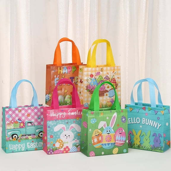 12 pack Easter Gift Bag with Handle Happy Easter Non-Woven Bag for Kid Reusable Easter Tote Bag for Egg Hunt Bunny Carrot
