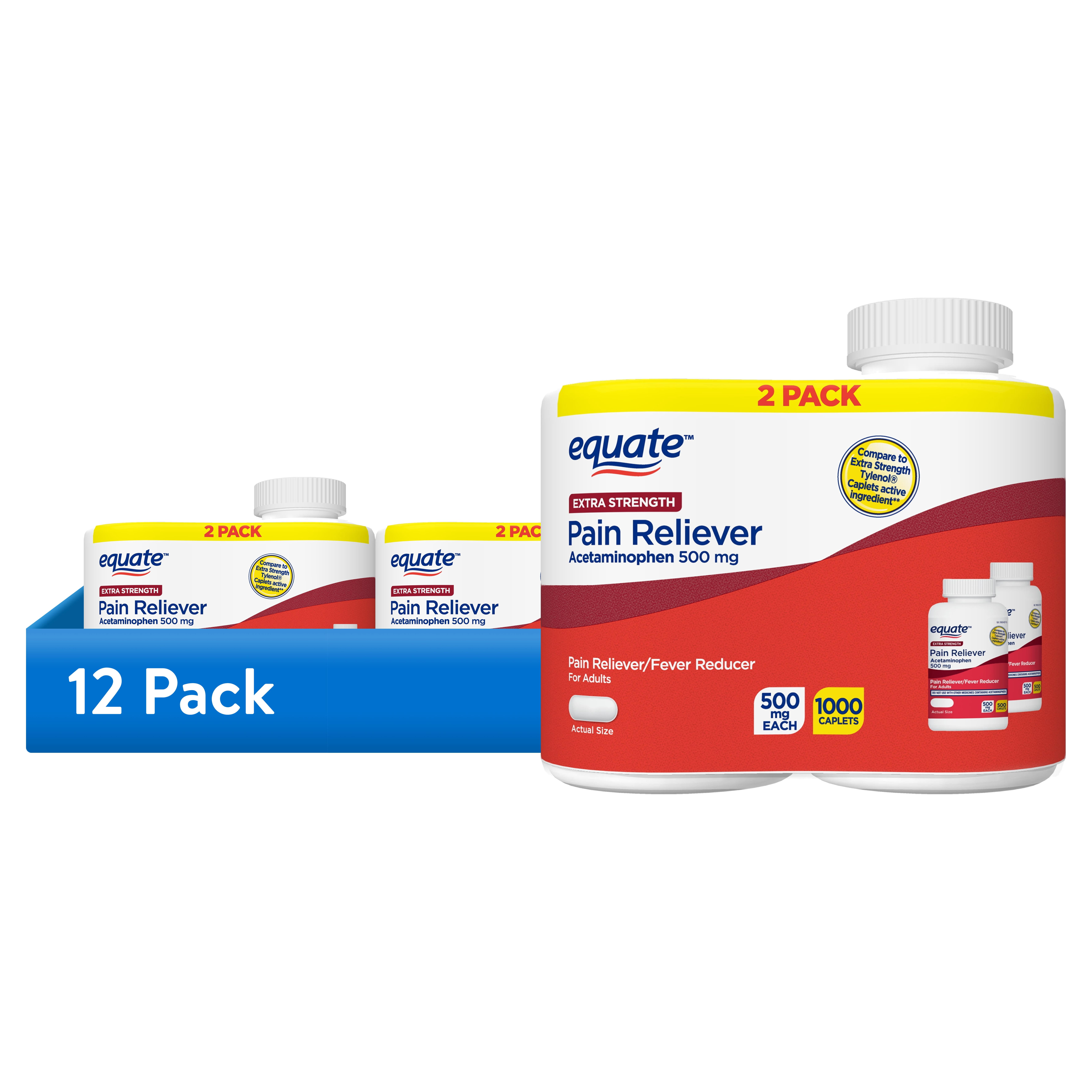 (12 pack) Equate Extra Strength Acetaminophen Pain Reliever Caplets, 500 mg, 500 Count, 2 Pack