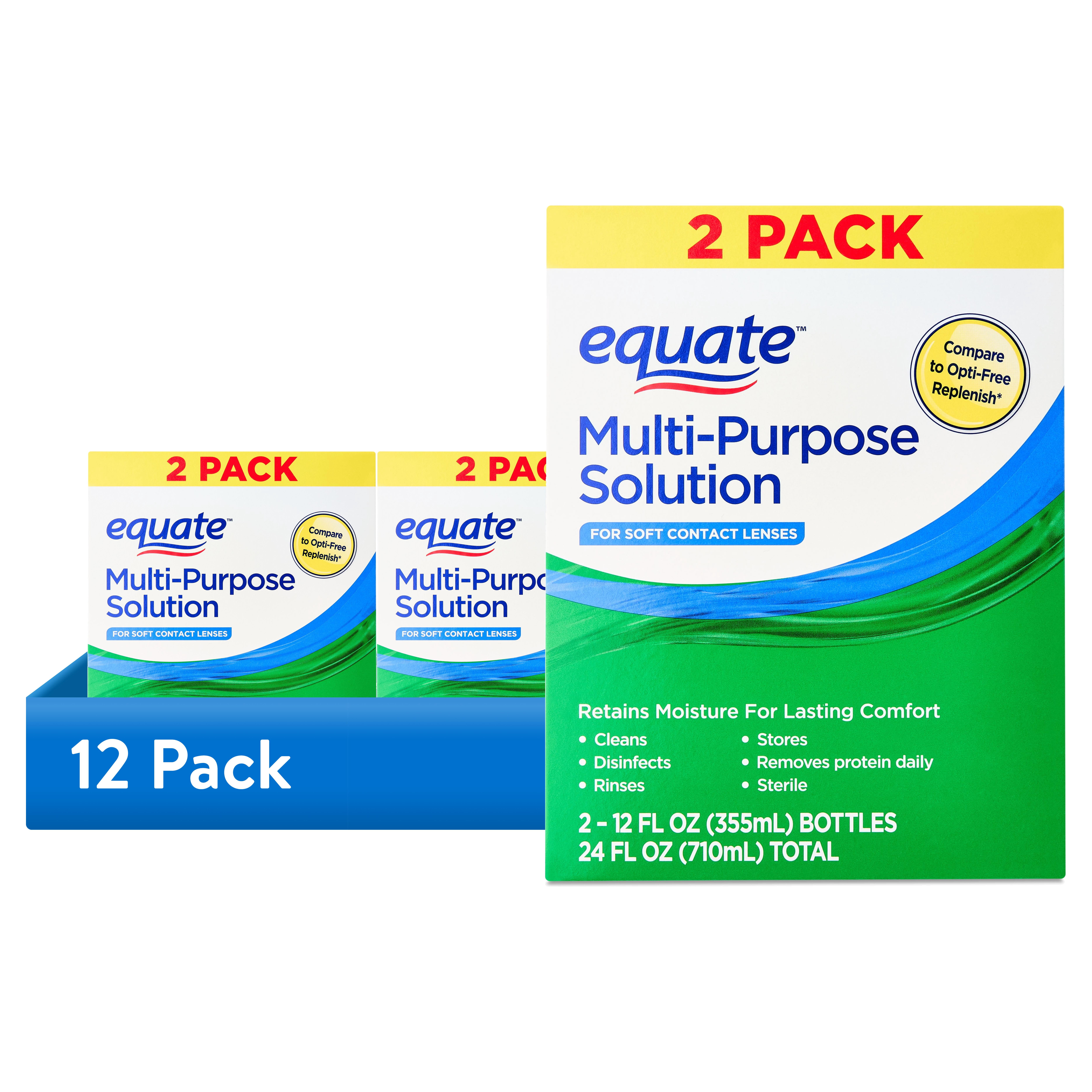 (12 pack) Equate Multi-Purpose Solution for Soft Contact Lenses, 24 fl oz (2x12 fl oz), Compare to Opti-Free Replenish