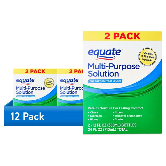 (12 pack) Equate Multi-Purpose Solution for Soft Contact Lenses, 24 fl oz (2x12 fl oz), Compare to Opti-Free Replenish