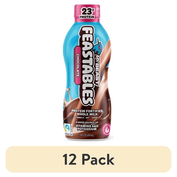 (12 pack) Feastables Protein Fortified Chocolate Milk, Shelf-Stable, 14 fl oz, Single Bottle