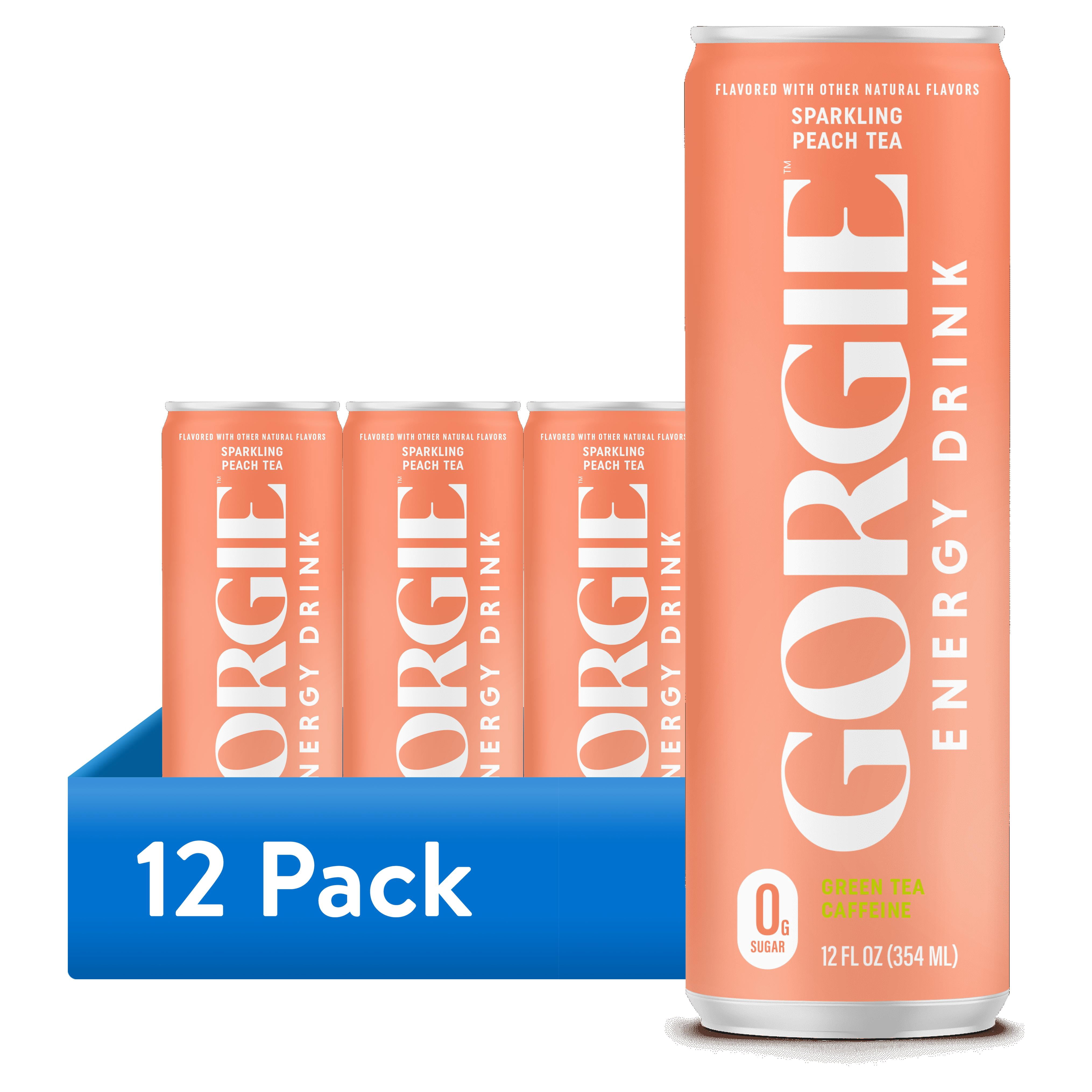 (12 pack) GORGIE Sparkling Energy Drink, Peach Tea, 0 Sugar, Natural Caffeine from Green Tea, 12 fl oz Can